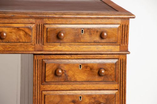 VICTORIAN OAK WALNUT PEDESTAL DESK WITH NEW BLACK HIDE LEATHER TOP C1870 - ADDITIONAL PHOTO 3