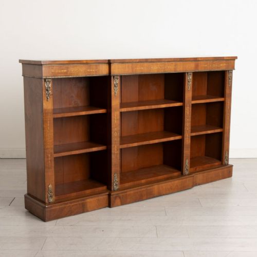 victorian walnut breakfront open bookcase with marquetry boxwood inlay brass mounts c1880 - CATEGORY: ANTIQUE BOOKCASES - DATED VICTORIAN