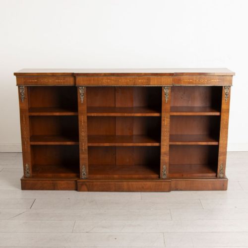 VICTORIAN WALNUT BREAKFRONT OPEN BOOKCASE WITH MARQUETRY BOXWOOD INLAY BRASS MOUNTS C1880 - ADDITIONAL PHOTO 1
