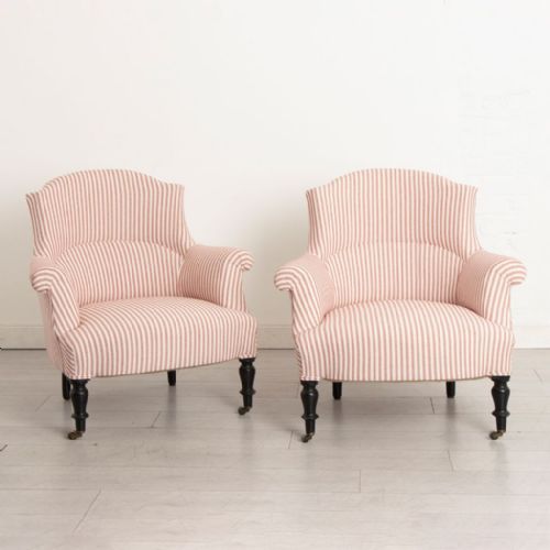 pair of antique french crapaud armchairs in red white ticking - CATEGORY: ANTIQUE CHAIRS - DATED 19TH CENTURY