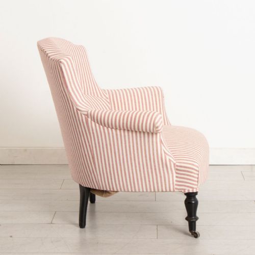 PAIR OF ANTIQUE FRENCH CRAPAUD ARMCHAIRS IN RED WHITE TICKING - ADDITIONAL PHOTO 2
