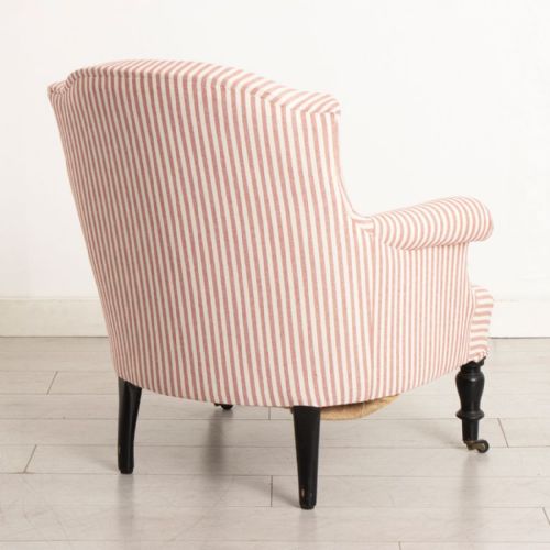 PAIR OF ANTIQUE FRENCH CRAPAUD ARMCHAIRS IN RED WHITE TICKING - ADDITIONAL PHOTO 5