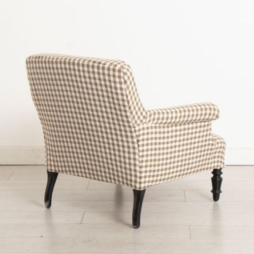 SMALL ANTIQUE NAPOLEON III SQUARE BACK ARMCHAIR IN BROWN GINGHAM - ADDITIONAL PHOTO 3
