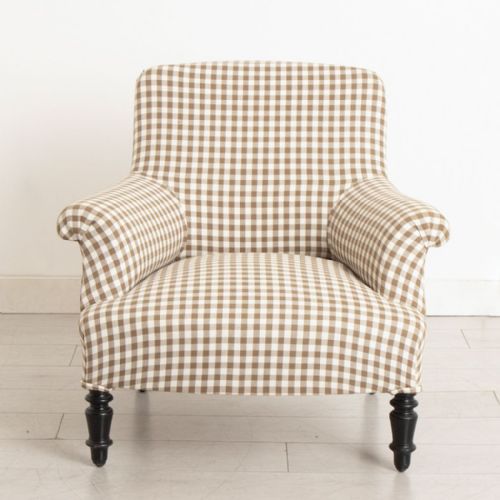SMALL ANTIQUE NAPOLEON III SQUARE BACK ARMCHAIR IN BROWN GINGHAM - ADDITIONAL PHOTO 4