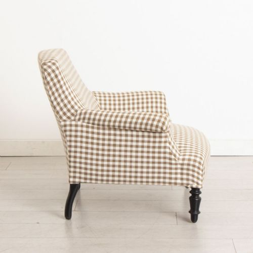 SMALL ANTIQUE NAPOLEON III SQUARE BACK ARMCHAIR IN BROWN GINGHAM - ADDITIONAL PHOTO 5