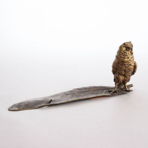 vienna coldpainted bronze owl on feather ink stand by franz bergman c19001920 - CATEGORY: ANTIQUE METAL - DATED 1920