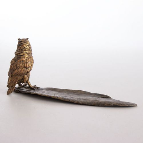 VIENNA COLDPAINTED BRONZE OWL ON FEATHER INK STAND BY FRANZ BERGMAN C19001920 - ADDITIONAL PHOTO 1