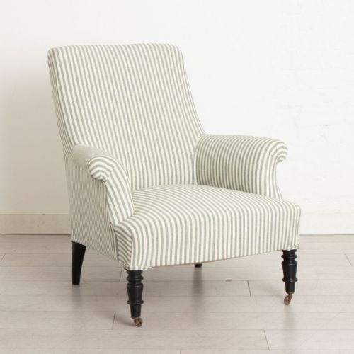 PAIR OF NAPOLEON III SQUARE BACK ARMCHAIRS IN GREEN TICKING - ADDITIONAL PHOTO 2