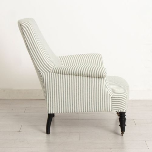 PAIR OF NAPOLEON III SQUARE BACK ARMCHAIRS IN GREEN TICKING - ADDITIONAL PHOTO 3