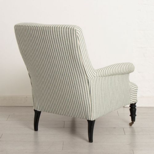 PAIR OF NAPOLEON III SQUARE BACK ARMCHAIRS IN GREEN TICKING - ADDITIONAL PHOTO 4
