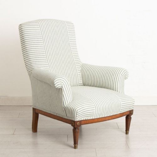 large french napoleon iii squareback chair in green white ticking criss cross - CATEGORY: ANTIQUE CHAIRS - DATED 19TH CENTURY