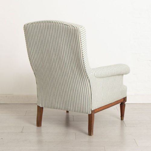 LARGE FRENCH NAPOLEON III SQUAREBACK CHAIR IN GREEN WHITE TICKING CRISS CROSS - ADDITIONAL PHOTO 2