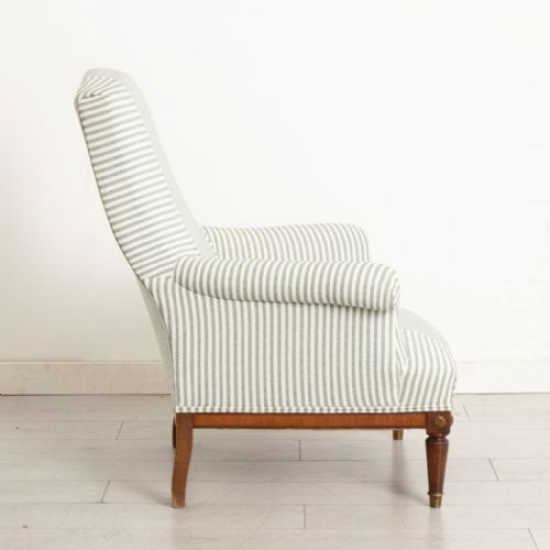 LARGE FRENCH NAPOLEON III SQUAREBACK CHAIR IN GREEN WHITE TICKING CRISS CROSS - ADDITIONAL PHOTO 3
