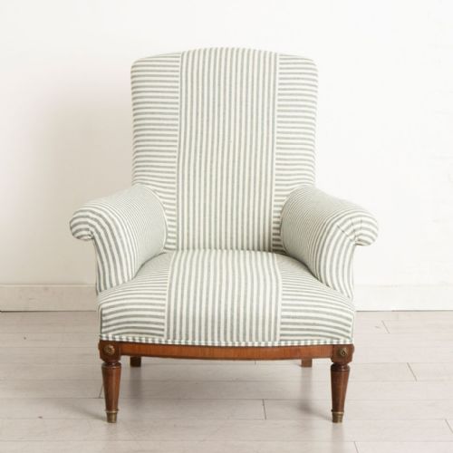LARGE FRENCH NAPOLEON III SQUAREBACK CHAIR IN GREEN WHITE TICKING CRISS CROSS - ADDITIONAL PHOTO 5