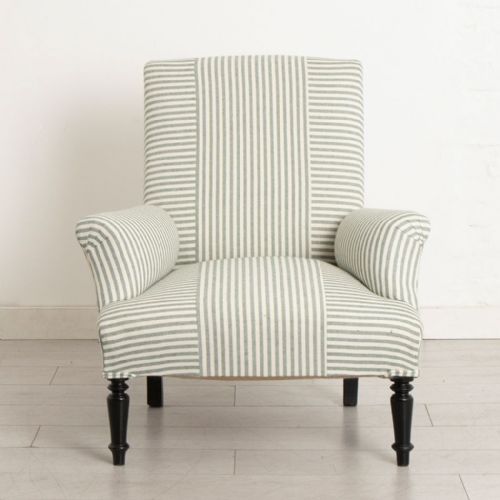 PAIR OF NAPOLEON III SQUAREBACK ARMCHAIRS IN GREEN TICKING WITH CRISS CROSS DESIGN - ADDITIONAL PHOTO 1