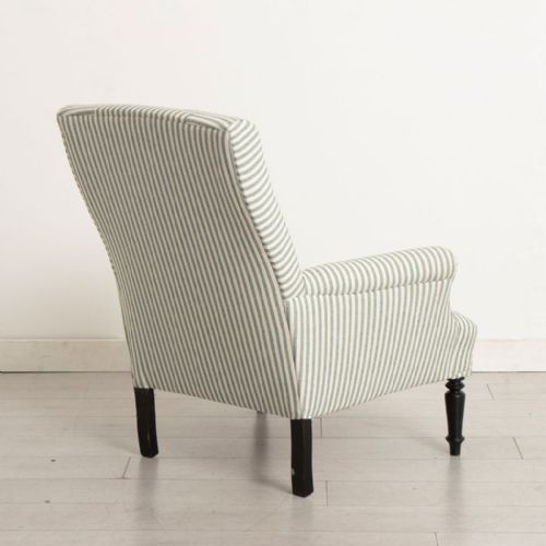 PAIR OF NAPOLEON III SQUAREBACK ARMCHAIRS IN GREEN TICKING WITH CRISS CROSS DESIGN - ADDITIONAL PHOTO 5
