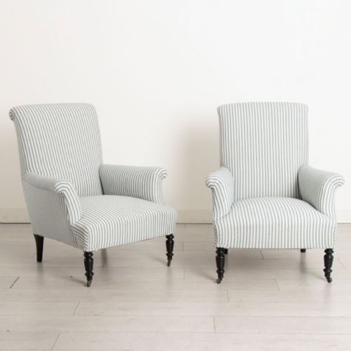 pair of tall scroll back french armchairs in blue white ticking - CATEGORY: ANTIQUE CHAIRS - DATED 19TH CENTURY