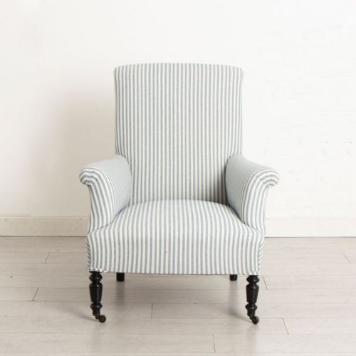 PAIR OF TALL SCROLL BACK FRENCH ARMCHAIRS IN BLUE WHITE TICKING - ADDITIONAL PHOTO 1