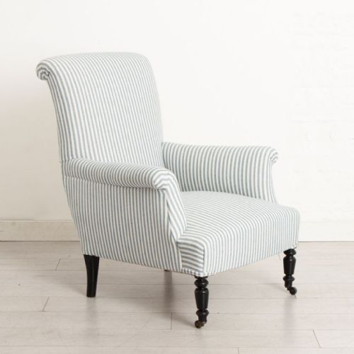PAIR OF TALL SCROLL BACK FRENCH ARMCHAIRS IN BLUE WHITE TICKING - ADDITIONAL PHOTO 2
