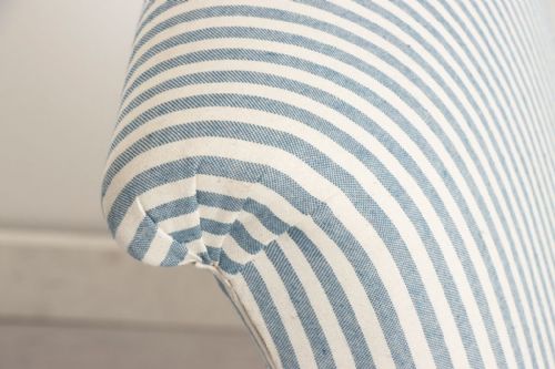 PAIR OF TALL SCROLL BACK FRENCH ARMCHAIRS IN BLUE WHITE TICKING - ADDITIONAL PHOTO 3