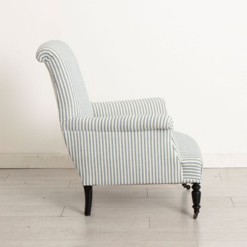 PAIR OF TALL SCROLL BACK FRENCH ARMCHAIRS IN BLUE WHITE TICKING - ADDITIONAL PHOTO 4