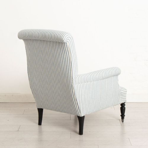 PAIR OF TALL SCROLL BACK FRENCH ARMCHAIRS IN BLUE WHITE TICKING - ADDITIONAL PHOTO 5