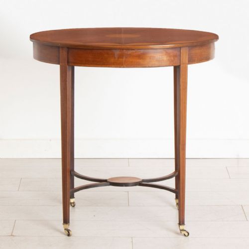 VICTORIAN MAHOGANY OCCASIONAL TABLE WITH INLAYED TOP BRASS CASTERS - ADDITIONAL PHOTO 1