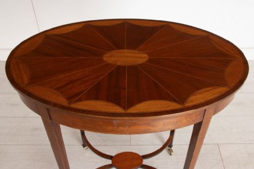 VICTORIAN MAHOGANY OCCASIONAL TABLE WITH INLAYED TOP BRASS CASTERS - ADDITIONAL PHOTO 2