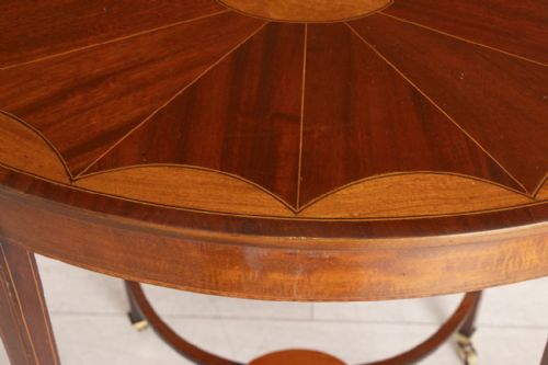 VICTORIAN MAHOGANY OCCASIONAL TABLE WITH INLAYED TOP BRASS CASTERS - ADDITIONAL PHOTO 3
