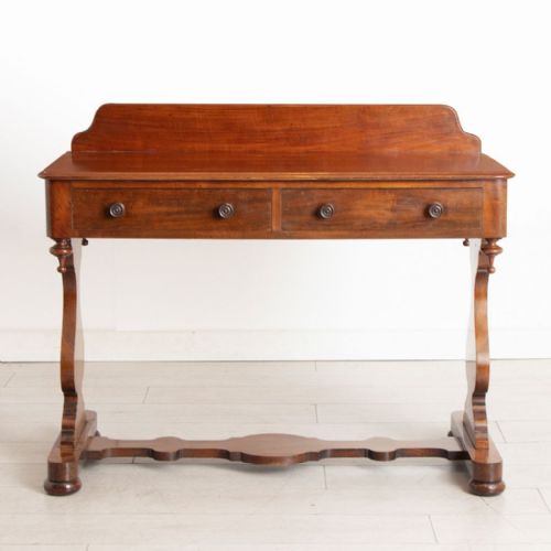 VICTORIAN MAHOGANY TWIN PILLAR CONSOLE TABLE WITH TWO DRAWERS