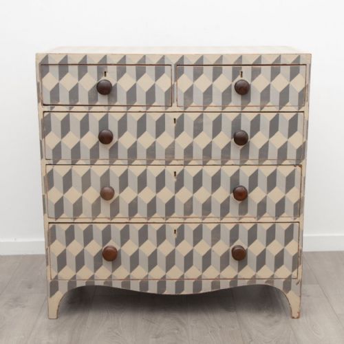 EARLY 19TH CENTURY MAHOGANY CHEST OF DRAWERS ON BRACKET FEET WITH HAND PAINTED GEOMETRIC DESIGN - ADDITIONAL PHOTO 1