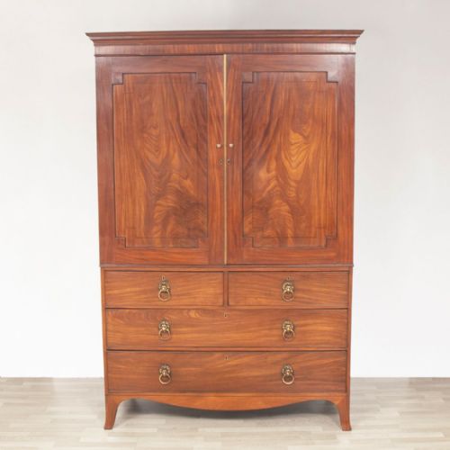 georgian mahogany linen press with decorative ebony line inlay original lion head brass handles - CATEGORY: ANTIQUE CUPBOARDS - DATED GEORGIAN