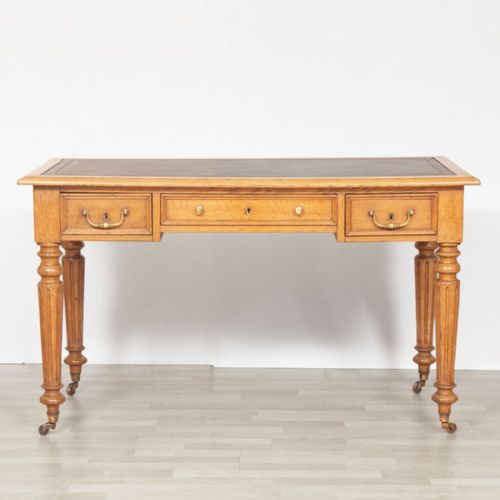 french golden oak writing table with black leather top c1880 - CATEGORY: ANTIQUE TABLES - DATED 1880
