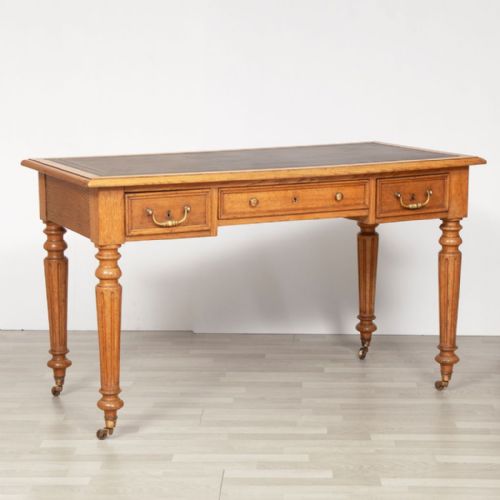 FRENCH GOLDEN OAK WRITING TABLE WITH BLACK LEATHER TOP C1880 - ADDITIONAL PHOTO 1