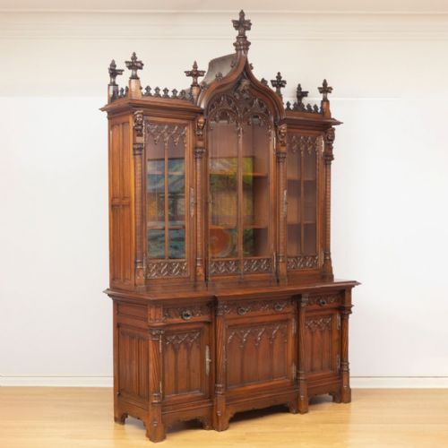ANTIQUE GOTHIC REVIVAL WALNUT BREAKFRONT BOOKCASE NORTHERN EUROPEAN C1890 - ADDITIONAL PHOTO 1