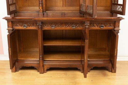 ANTIQUE GOTHIC REVIVAL WALNUT BREAKFRONT BOOKCASE NORTHERN EUROPEAN C1890 - ADDITIONAL PHOTO 2