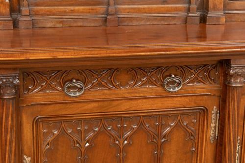ANTIQUE GOTHIC REVIVAL WALNUT BREAKFRONT BOOKCASE NORTHERN EUROPEAN C1890 - ADDITIONAL PHOTO 10