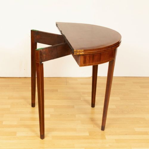 GEORGIAN MAHOGANY DEMILUNE GAMES TABLE WITH BOXWOOD STRINGING CROSSBANDED TOP C1800 - ADDITIONAL PHOTO 1