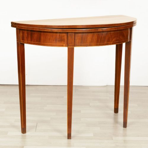 GEORGIAN MAHOGANY DEMILUNE GAMES TABLE WITH BOXWOOD STRINGING CROSSBANDED TOP C1800 - ADDITIONAL PHOTO 5