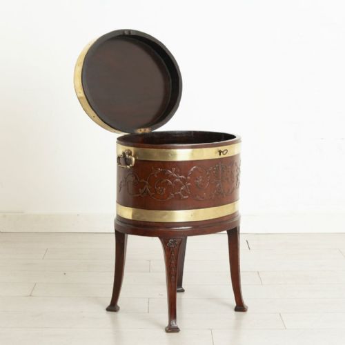 ANTIQUE MAHOGANY BRASS BOUND OVAL WINE CELLARETTE C1880 - ADDITIONAL PHOTO 1