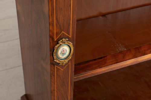 VICTORIAN ROSEWOOD OPEN BOOKCASE WITH BRASS CERAMIC MOUNTS C1860 - ADDITIONAL PHOTO 3