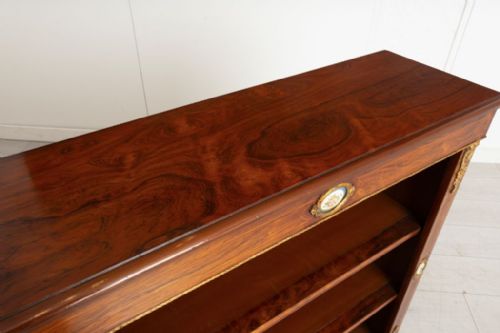 VICTORIAN ROSEWOOD OPEN BOOKCASE WITH BRASS CERAMIC MOUNTS C1860 - ADDITIONAL PHOTO 4