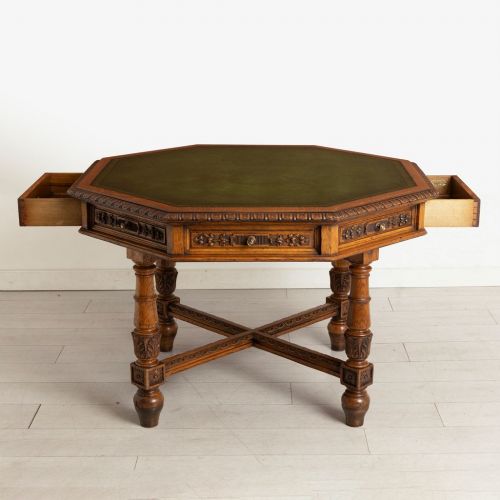 VICTORIAN OCTAGONAL LIBRARY TABLE IN OAK BY JAMES SHOOLBRED CO LONDON C1880 - ADDITIONAL PHOTO 6