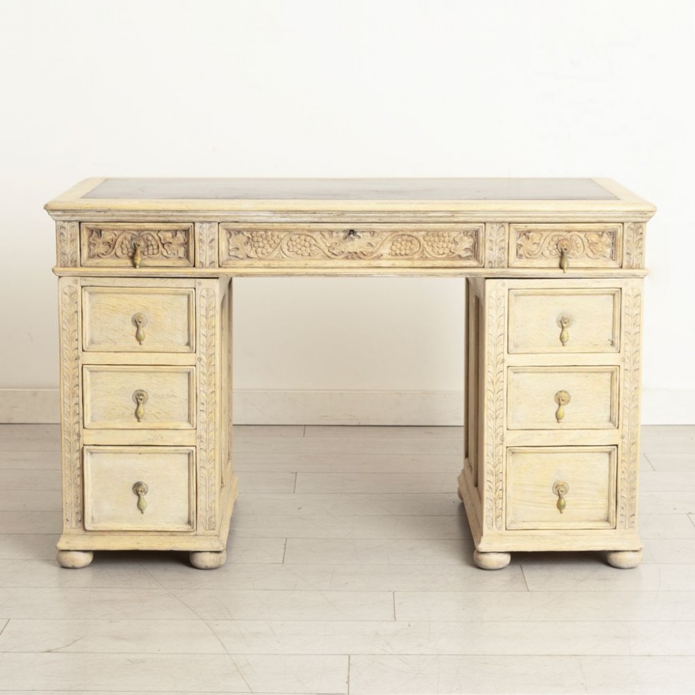Antique Limed Effect Pedestal Desk in Oak c.1890