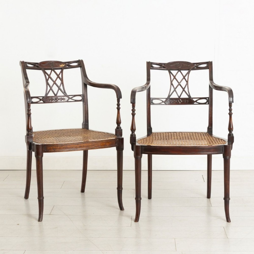 Pair of Edwardian Mahogany Armchairs with Cane Seats c.1900