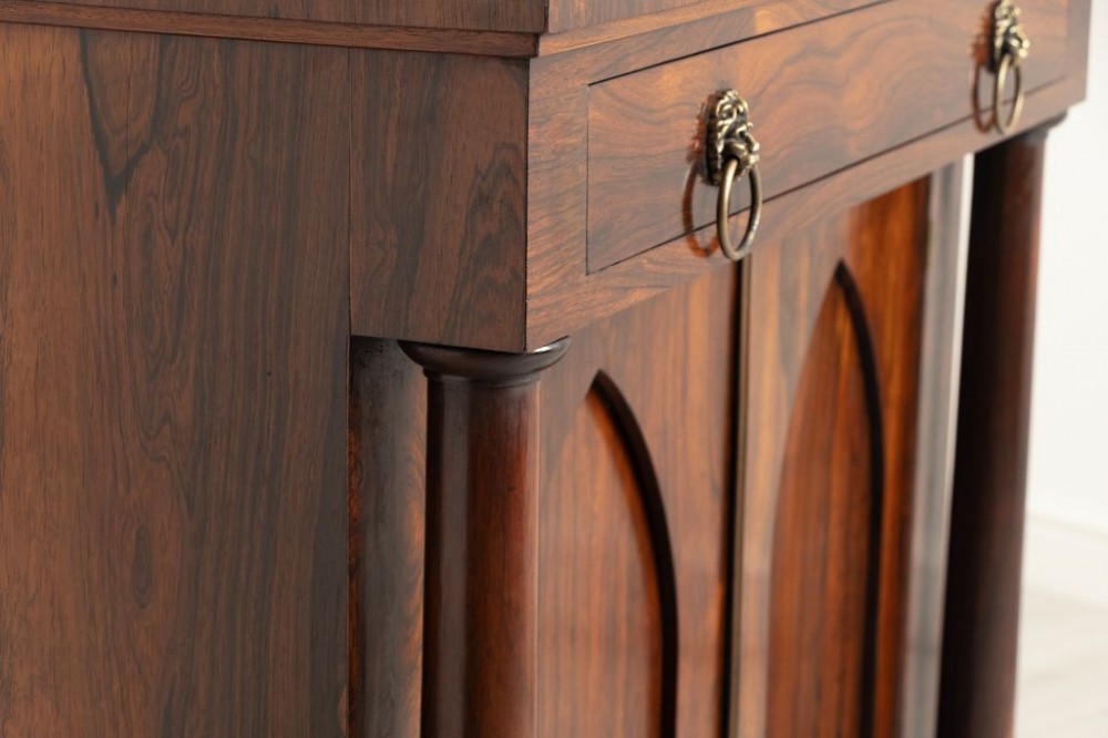 A Regency rosewood chiffonier with a long top drawer featuring brass lion-mask handles above twin doors with Gothic arched panels flanked by turned columns. View III