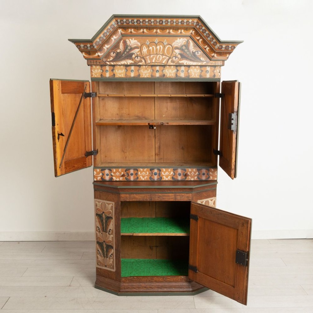 An eighteenth-century Swedish painted timber cupboard featuring two upper doors, a lower door, and decorative floral and geometric panels dated 1797. View III