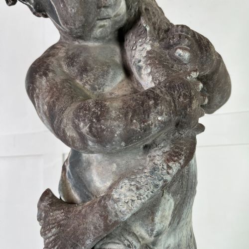 LARGE 19TH C LEAD WATER FOUNTAIN FIGURE OF BOY WITH FISH - ADDITIONAL PHOTO 4