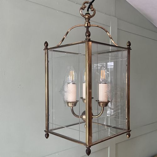 EDWARDIAN BRASS AND CUT GLASS HALL LANTERN