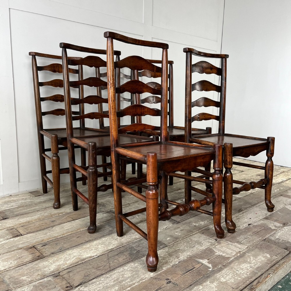 Set of 6 Early 19th C. Ash Ladderback Chairs